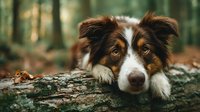Australian shepherd dog resting head on fallen log in forest setting with natural lighting and shallow depth of field for pet photography and animal portraits.