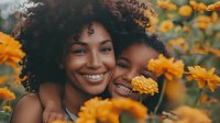 Joyful African American mother and daughter embracing in vibrant yellow flower field, sharing genuine smiles and bonding moment outdoors.