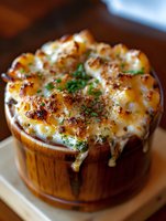 Baked macaroni and cheese served in wooden bowl, topped with golden brown crust, melted cheese, and fresh herbs garnish, close-up view of comfort food dish.