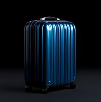 Modern metallic blue hardshell spinner luggage with ribbed texture on black background, wheels and telescopic handle visible, dramatic lighting highlights surface.