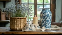 Rustic still life with woven basket of baby's breath flowers, blue and white porcelain vase, and white candle on wooden table near window. Natural light setting.