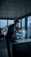 Businessman using holographic technology interface in modern office with city skyline view during phone call for futuristic business concepts.