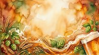 Watercolor autumn harvest background with hops, wheat, barley and flowing ribbon banner. Warm orange and green tones create festive seasonal frame for oktoberfest designs.