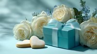 Elegant turquoise gift box with white ribbon surrounded by cream roses and heart-shaped cookies on soft blue fabric. Perfect for celebrations, anniversaries, or romantic occasions.