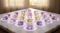 Sparkling purple and golden gemstones arranged in elegant pattern on marble surface with warm sunlight creating luxury jewelry display for precious stones collection.