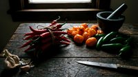 Fresh chili peppers and cherry tomatoes on rustic wooden cutting board with knife and mortar pestle for cooking spicy dishes and meal preparation.
