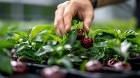 Female hand picking fresh ripe cherries from green leaves, close-up view. Natural organic harvest concept showing selective gathering of dark red fruit.
