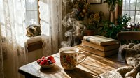Steaming floral tea cup with fresh berries on rustic wooden table, cozy home interior with books, lace curtains, and cat by sunny window.