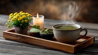 Cozy wellness scene with steaming herbal tea, aromatic candle, bath salts, and yellow flowers on wooden tray. Perfect for relaxation content.