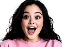 Young woman with surprised excited expression wearing pink sweater against white background, dark wavy hair and natural makeup showing joyful emotion.