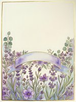 Lavender flowers and eucalyptus leaves frame a blank purple ribbon banner on aged cream background, suitable for invitations, greeting cards, and botanical design projects.