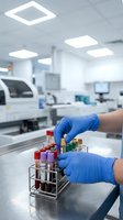 Lab technician in blue gloves handling colorful blood sample tubes in a rack at a modern clinical laboratory for medical testing.