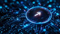 Glowing blue digital arrow points upward on circuit board background with bokeh light effects, representing technological growth and digital transformation.