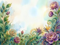 Watercolor floral border with purple roses, golden swirls, and lush green leaves on a soft pastel background, perfect for cards and invitations.