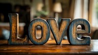 Love wooden letters with weathered finish sitting on rustic table surface, suitable for home decor, wedding displays, Valentine's Day arrangements, and interior design projects.