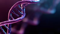Glowing purple and blue DNA helix structure on dark background, genetic research concept visualization for medical and scientific presentations.