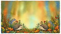 Hedgehogs surrounded by autumn foliage and wildflowers in warm, glowing light. Watercolor illustration with golden and orange tones, suitable for children's books, nursery decor, greeting cards, and seasonal designs.