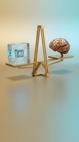 Artificial intelligence cube and human brain balanced on golden scale representing technology versus biology comparison and decision making process.