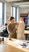 Young Caucasian female fashion designer working on dress form mannequin in bright modern atelier studio with fabric samples and sewing materials.