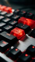 Gaming keyboard with illuminated red backlit keys featuring glowing WASD and cancel buttons for esports and computer gaming setup.