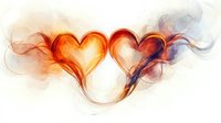 Artistic smoke effect forming two connected hearts in orange and purple hues against white background, romantic abstract design for Valentine's cards and love concepts.