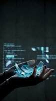 Hand holding glowing cyan crystal shards with digital code interface background, representing technology, innovation, data science, and futuristic computing concepts for tech industry use.