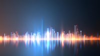 Sound wave visualization with glowing blue and orange light bars on dark background, digital audio spectrum display showing music rhythm and frequency pattern.