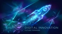 Futuristic rocket launch with glowing blue neon effects and geometric shapes on dark background for technology and innovation concepts.