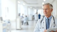 Confident senior Caucasian male doctor with gray hair and stethoscope standing in modern hospital corridor with medical staff in background.