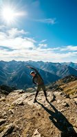 Young Caucasian male hiker stretching on a rocky mountain summit under bright sun, vast alpine peaks and blue sky in background.