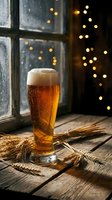 Fresh beer glass with foam on rustic wooden table near window with warm bokeh lights and wheat ears creating cozy pub atmosphere for holiday celebrations.