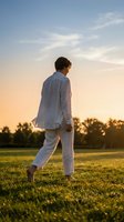 Young man in white linen clothing walking barefoot on grass field during golden hour sunset with peaceful sky and trees in background for wellness concepts.