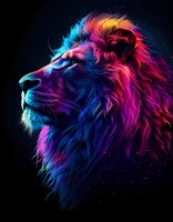 Majestic lion head profile with vibrant neon colors including pink, blue, and yellow glowing against black background, perfect for modern art prints and creative design projects.
