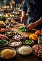 Chef chopping fresh herbs on wooden cutting board surrounded by colorful ingredients in bowls for gourmet meal preparation in atmospheric kitchen.