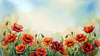 Watercolor painting of vibrant red and orange poppies in meadow with soft blue sky background. Botanical floral artwork for home decor and nature lovers.