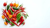Assorted fresh chili peppers and bell peppers in red, yellow, orange and green arranged on white background for culinary and food styling projects.