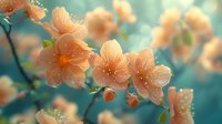 Delicate peach cherry blossoms with water droplets against turquoise background in soft morning light create dreamy spring atmosphere for nature photography.