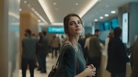 Young Caucasian woman with confident smile in busy airport terminal wearing casual sweater, surrounded by blurred travelers in modern concourse.