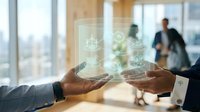 Business professional hands presenting holographic digital interface with network icons in modern office environment with colleagues in background.