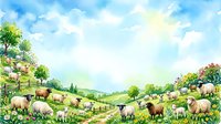 Flock of sheep grazing on rolling green hills under bright sunny sky with fluffy white clouds, pastoral countryside landscape for agriculture and farm-related design projects.