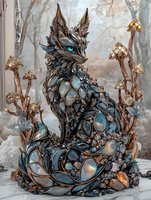Mystical fox creature with glowing blue crystals and metallic details sits among luminous mushrooms in enchanted forest setting. Fantasy art for book covers and gaming.