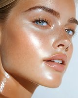 Close-up portrait showcasing glowing, dewy skin with natural freckles, glossy lips, and bright blue eyes. Professional makeup and lighting highlight radiant complexion and facial features.