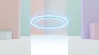 Glowing neon halo ring suspended above white platform with pastel striped background, modern minimalist design for futuristic and spiritual concepts.