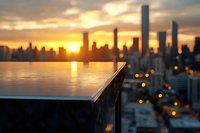 Wooden railing overlooking city skyline at golden hour sunset with warm bokeh lights reflecting on water creating peaceful urban waterfront scene.