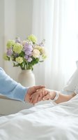 Caring visitor holds a patient's hand in a bright hospital room with fresh flowers, conveying comfort, support, and compassion.