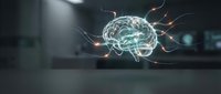 Glowing digital brain with neural connections and energy sparks floating in a futuristic lab, symbolizing AI, neuroscience, and cognitive technology.