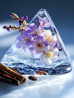 Delicate pink cherry blossoms frozen in clear ice triangle with cinnamon sticks and coffee beans, artistic food photography on blue background with dramatic lighting.