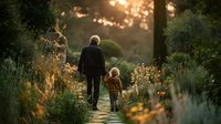 Father and young child walking together on garden path during golden hour sunset, family bonding moment in peaceful outdoor setting with warm natural lighting.