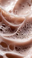 Creamy chocolate milk macro shot showing frothy bubbles and swirls in brown tones, creating abstract patterns and textures suitable for food and beverage marketing.