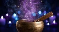 Tibetan singing bowl with wooden mallet emitting mystical purple energy waves against bokeh lights background for meditation and spiritual healing practices.